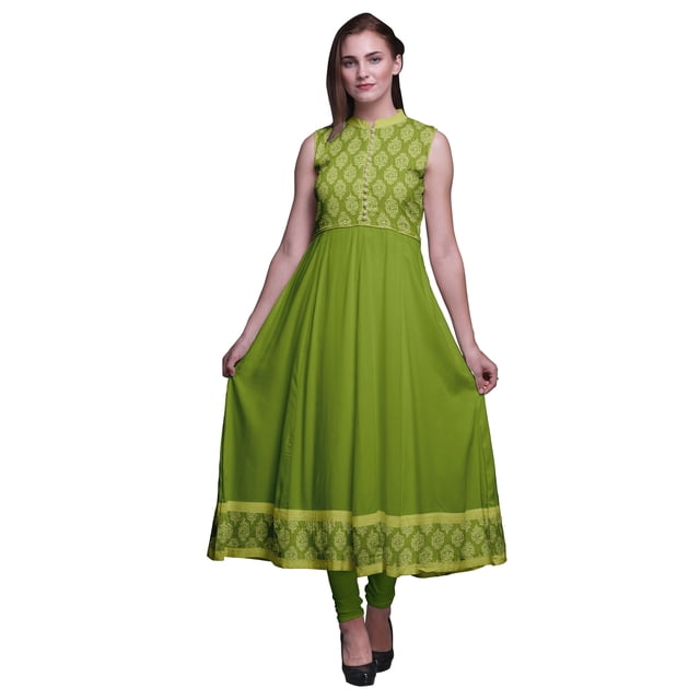 Bimba Robe Anarkali à Blocs Vert Pâle Col Mandarin Sans Manches Kurtis pour Femmes Robe Maxi à Imprimé X-Small