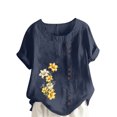 thumbnail image 2 of Pisexur Chemises en Lin pour Femmes Manches Courtes Blouses en Coton à Fleurs Hauts Grande Taille Décontractés Amples Col Rond Tuniques Unies Haut, 2 of 5