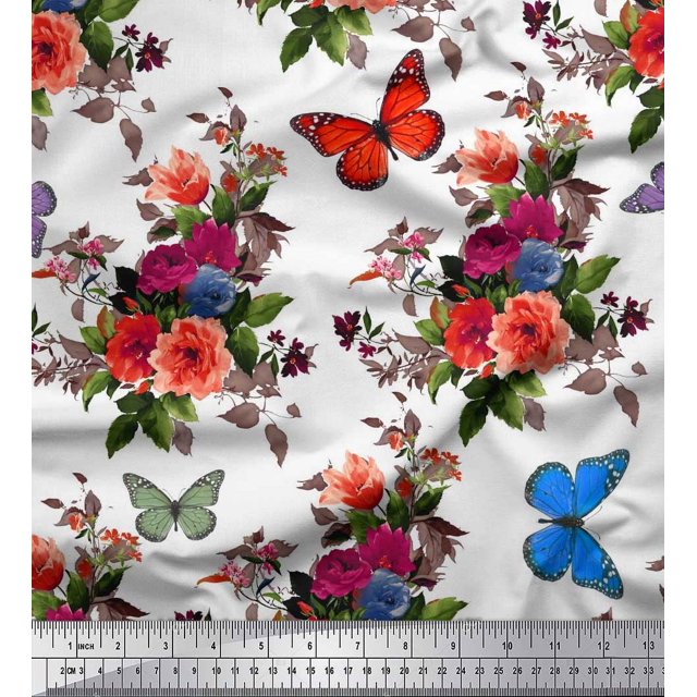 Soimoi Poly Georgette Fabric Leaves, & Peony Floral Print Sewing Fabric Yard 52 Inch Wide