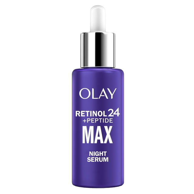 Olay Retinol 24 MAX Night Smoothing Serum in a purple glass dropper bottle with silver cap, fragrance-free formula with Retinol 24 and peptide complex designed for overnight skin renewal and wrinkle smoothing.