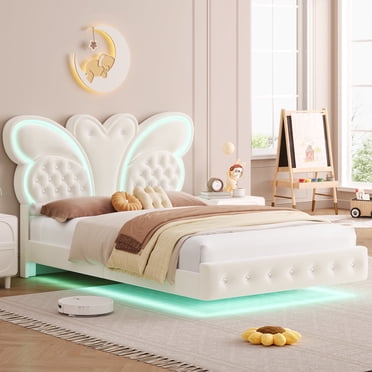 Homfa Lit Double Rembourré en Velours avec Lumières DEL, Cadre de Lit Plateforme Flottant avec Tête de Lit Capitonnée à Boutons Cristal Papillon, Beige