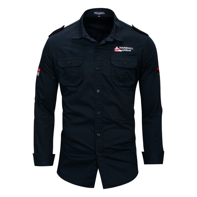 Men Shirts Cotton Long Sleeve Button Down Cargo Work Shirt