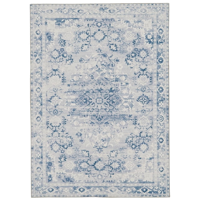 Harris 3' x 5' washable accent rug in grey and ivory featuring an antique-inspired distressed floral medallion pattern in blue and grey tones, made of stain-resistant 100% polyester with nonslip backing, ideal for high-traffic areas and machine washable for easy maintenance.