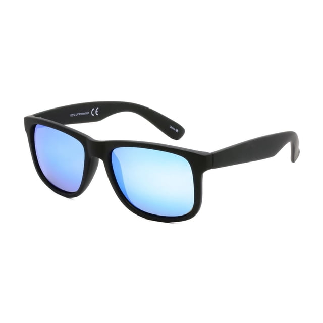 George Mens Polarized Black Square Sunglasses with rubberized black frames and polarized blue mirror lenses shown in a 3/4 angled view on white background, offering 100% UVA and UVB protection and glare reduction, also suitable for reducing eye strain during driving or outdoor activities.