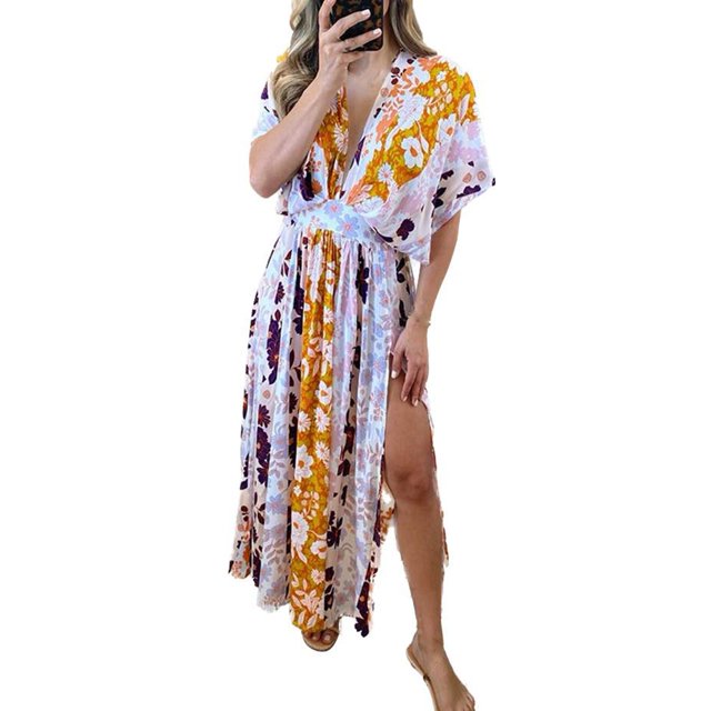 Robe de Bal Femme Été Imprimée Ample Décontractée à Manches Courtes Taille Haute à Col en V et Robe Longueur Cheville Robe de Maternité pour Séance Photo en Liquidation