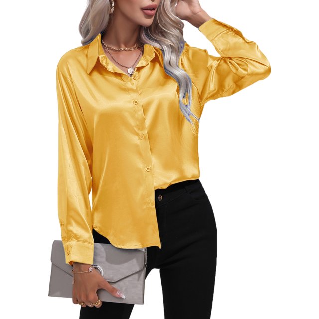 Innerwin Shirts Long Sleeve Ladies Tunic Tops Office Button Down Soft Blouse Yellow M