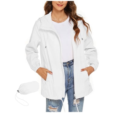 White Women with Hood Waterproof Lightweight Jacket Hoodies Outfits Raincoat for Women Long Sleeve Fall Winter Rain Coat Zip Up 2025 Clothes Fashion M
