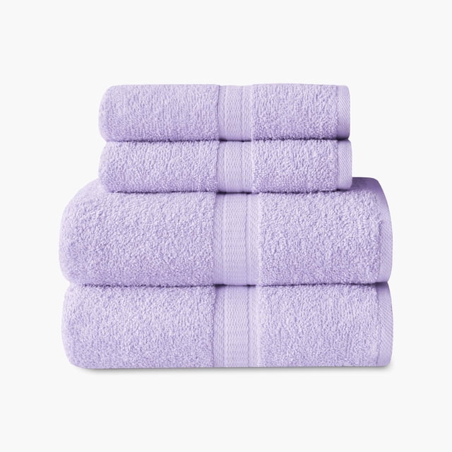 Mainstays Basics 4pk Towel Set in purple with two bath towels and two hand towels stacked front-facing. Made from 100% cotton, these lightweight, absorbent towels have a textured band, are machine washable, quick drying, and ideal for everyday or guest bathroom use.