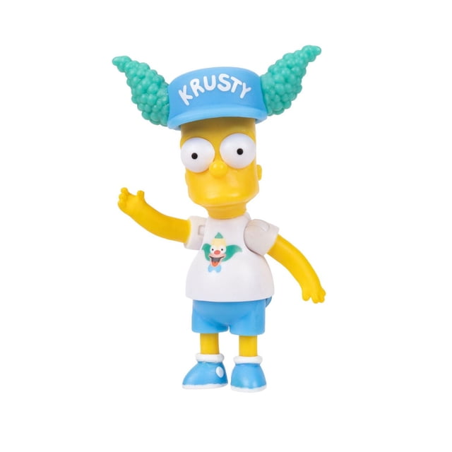The Simpsons - 2.5 Inch Bart Figure with Krusty Hat featuring a yellow figure wearing a blue cap labeled 'KRUSTY' with textured turquoise clown hair, a white t-shirt with a clown print, blue shorts, and blue shoes with white details, posed with one arm raised for dynamic play.