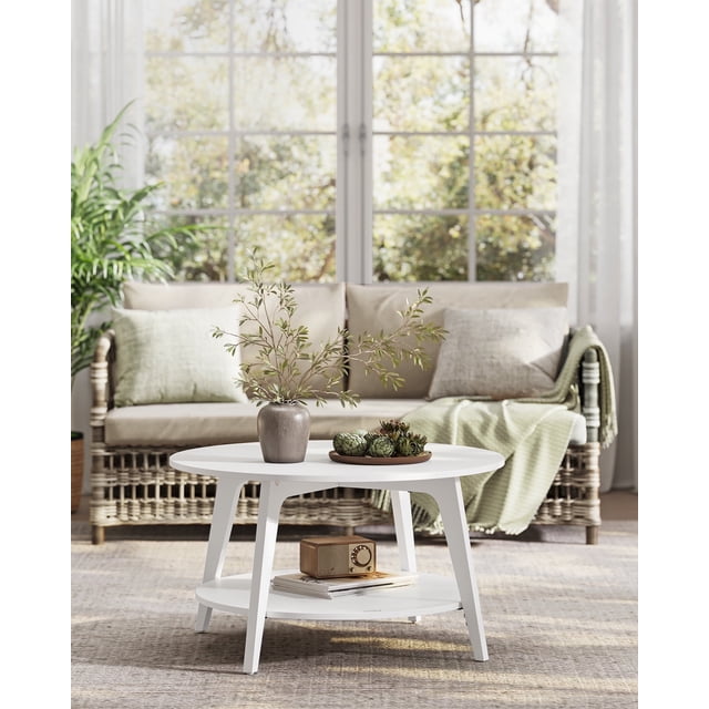 Snow White Table Basse Ronde à 2 Niveaux avec Rangement - 31,5 x 17,7 Pouces, Facile à Assembler pour Salon