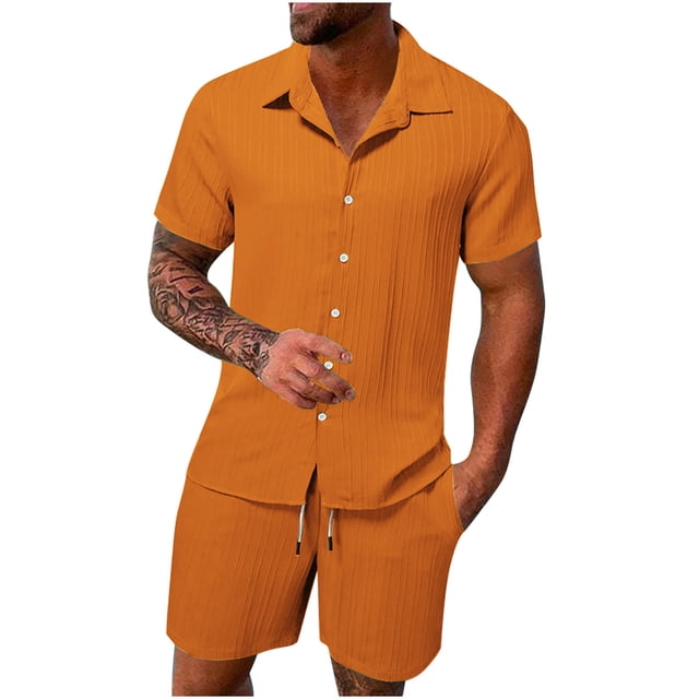 TIMIFIS Men's Cotton Linen Sets Short Sleeve Pleats Suits 2 Piece Button Shirt and Shorts Beach OutfitsFall