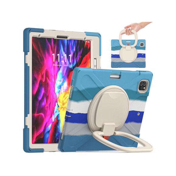 Étui pour iPad Pro 12.9 2022 2021 6e 5e Génération, Étui Antichoc avec Porte-Crayon et Béquille Rotative, Dragonne / Bandoulière