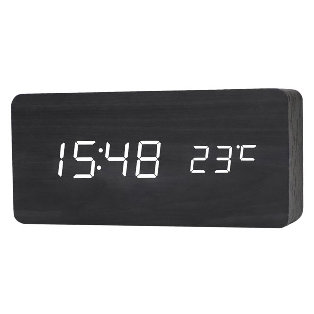 yuksok Digital Alarm Clock USB/Battery Wooden Setting LED for Office Home Decor Black