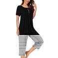 thumbnail image 2 of Timegard Ensembles de Pyjamas pour Femmes 2 Pcs Détente Col Rond Manches Courtes Haut Pantalon Capri à Rayures avec Poches Tenues, 2 of 7