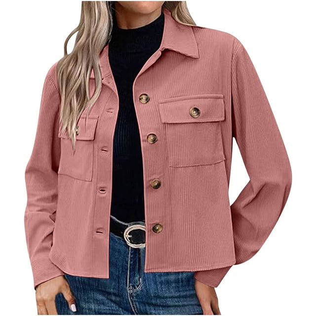 Timegard Button down Shirts for Women Cropped Long Sleeve Jackets Fall Solid Color Casual Loose Tops