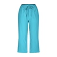 thumbnail image 3 of Bocqde Womens Capri Pants Cotton Linen Elastic Waisted Drawstring Casual Cropped Trousers with Pockets, 3 of 5