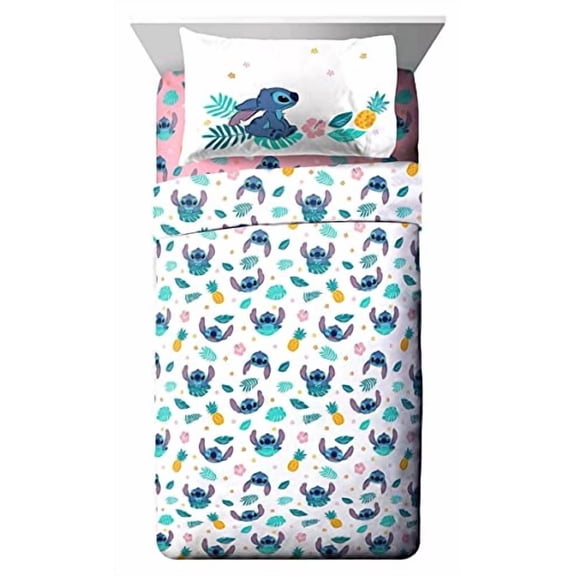 Disney Lilo and Stitch Denim Hawaïen Ensemble de Draps 3-Pièces pour Lit 1 Place Pour Enfants, 100% Polyester