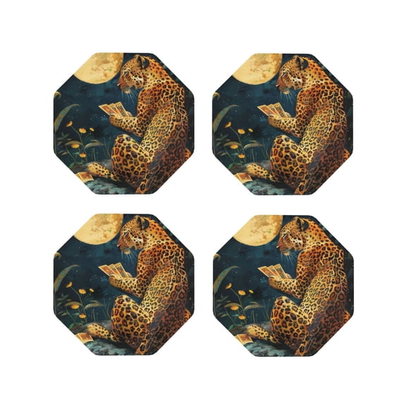 Cauagu Leopard Reading Tarot Cards for Coasters for Drinks Leather Coasters Set of 4 for Coffee Table for Housewarming Kitchen Bar Decor-Octagon