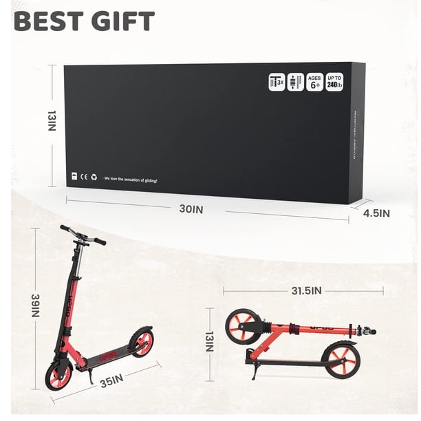 UPGO Trottinette pour 6 Ans et Plus, Enfants, Ados et Adultes, Charge Maximale de 240 LB, Pliable, Roues de 8 Pouces, Rouge