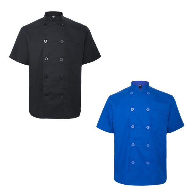 TOPTIE 2 Pack Unisex Short Sleeve Chef Coat Jacket, Black / Royal Blue