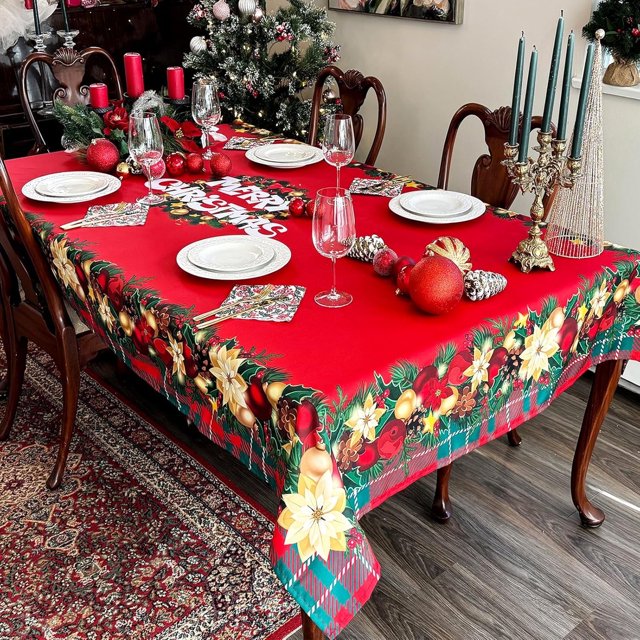 DIVA EN CAMINO DEC Rectangle Red Tablecloth Christmas 60x102 Inch - Waterproof Holiday Decor New Year''s Eve Rectangular Table Cloth - Washable Fabric Xmas Table Cover for Party, Kitchen, Dining Room