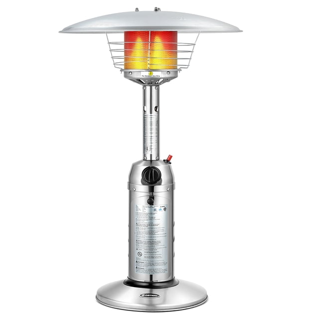Costway 13,000BTU Portable Tabletop Patio Heater in stainless steel with a standing design. This propane patio heater features a compact base with ring weight for stability, an aluminum reflector for heat distribution, and a protective screen shield. Includes simple ignition system and two heat settings for customizable warmth. Suitable for outdoor use with a 2.5ft heat radius. Requires a standard 1lb propane cylinder (not included).