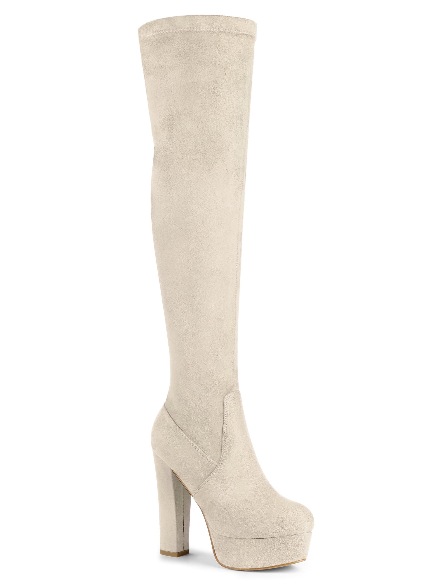 Unique Bargains Bottes Cuissardes à Plateforme à Talon Bloc pour Femme Beige US 9