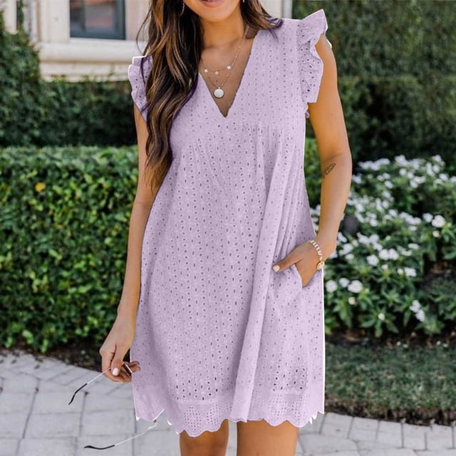 Meichang Robe Brodée pour Femmes Coupe Ample Robes Bohèmes Été Décontracté Robe Midi à Oeillets Volants Col en V Robes Amples Unies Robe de Plage
