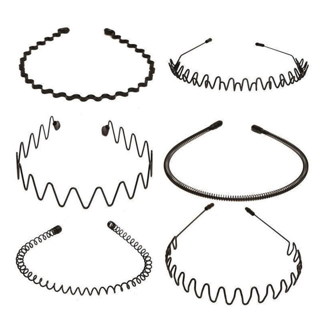 Man Hair Hoop set with 6 black metal headbands in non-slip designs, including zigzag, wave, coil, and spiral styles. Ideal for men during skincare routines, gym workouts, jogging, and face washing. Stylish and practical for keeping hair tidy.