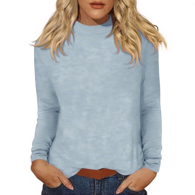 Floleo Women's Ribbed Turtleneck Fitted Tops Long Sleeve Shirts Basic Thermal Layering(Light Blue,XL)