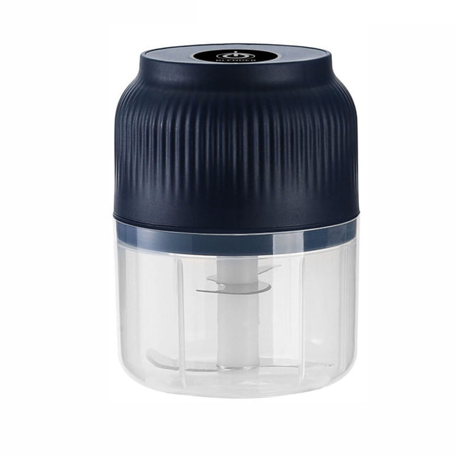 Garlic Chopper, Portable Mini Vegetable Chopper, Rechargeable Garlic Crusher, Electric Food Processor with 4 Blades. A compact, cordless kitchen gadget with a navy blue top and transparent container, designed for chopping garlic, ginger, meat, onion, and chili. Features food-grade materials, easy-clean parts, and a safety mechanism to prevent accidental operation.