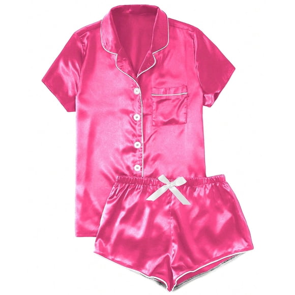 yoeyez Silk Pajamas for Women 2-Piece Sleepwear Loungewear Short Sleeve Button-Down Pj Set With Pockets Womens Pajama Sets Shorts Sleepwear Pink M
