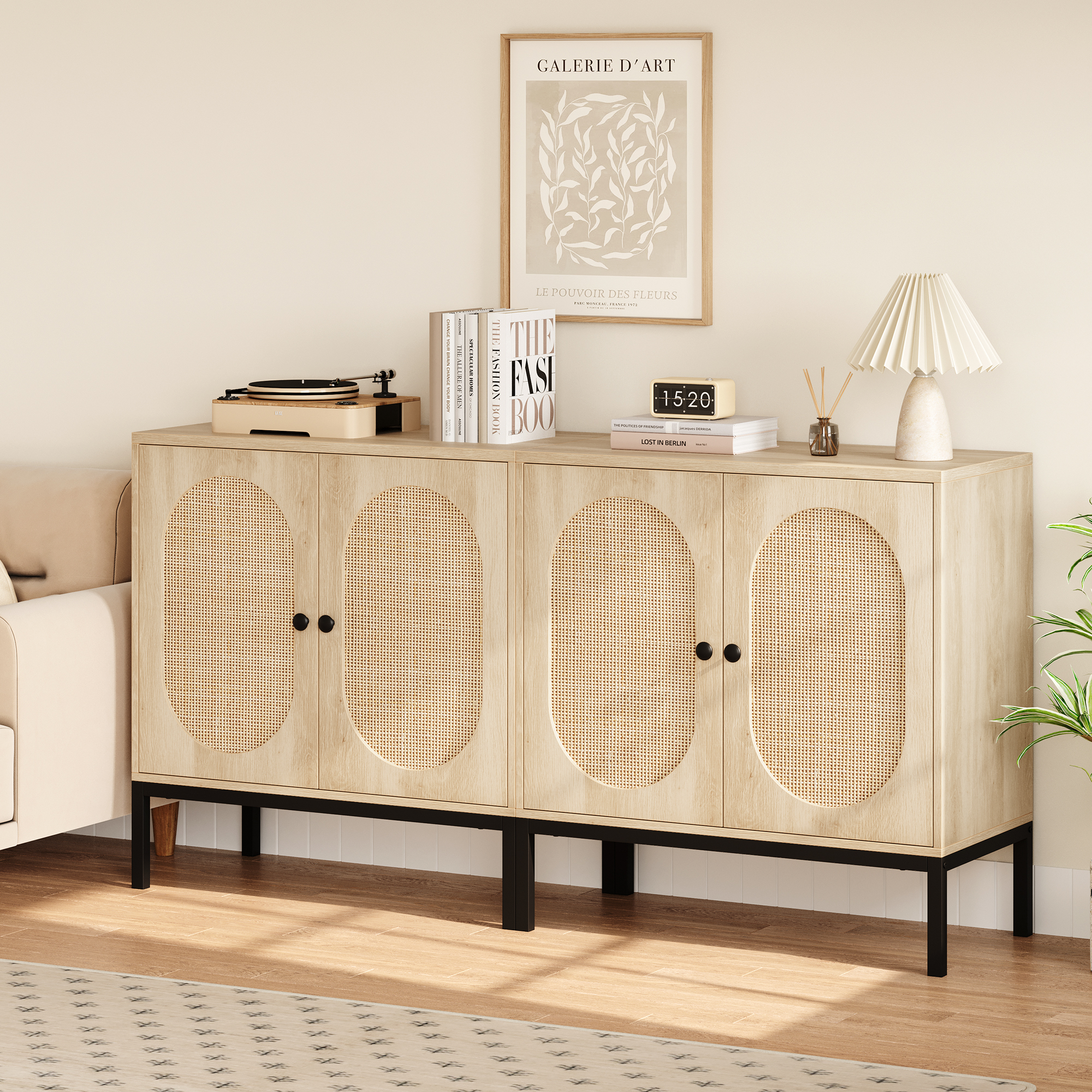 Bingirl Buffet Cabinet with Rattan Doors and Shelves - Accent Wood Console Storage Entryway Cabinet