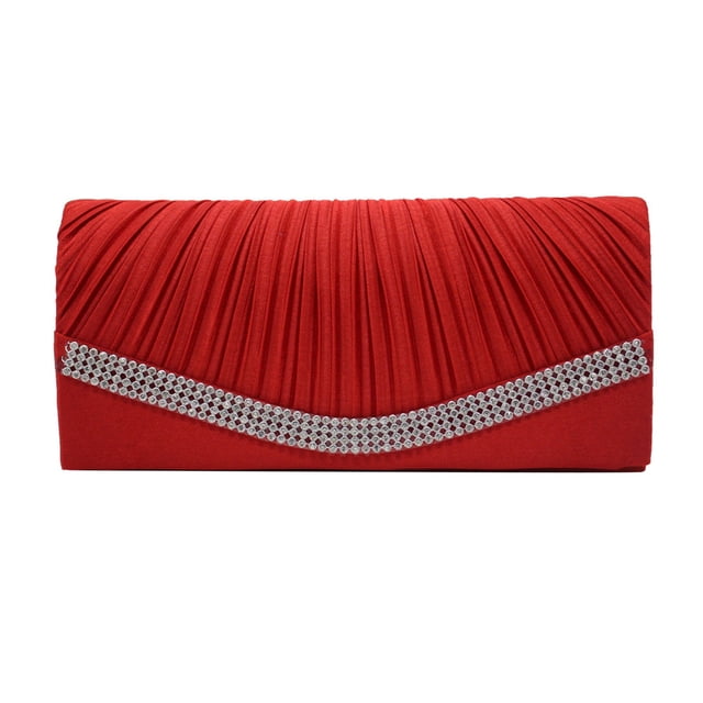 Pleated Satin Wedding Evening Bridal Clutch Purse With Rhinestones RD. A red satin evening bag featuring pleated detailing and a curved rhinestone embellishment across the front. This versatile bridal accessory, designed for women, measures 22cm(L) x 6cm(W) x 10cm(H) and includes a secure hasp closure.