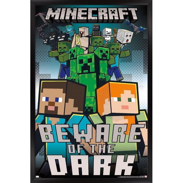 Minecraft - Affiche Murale Attention au Noir avec Cadre Magnétique, 22,375 Po x 34 Po Mettant en Vedette des Personnages Pixélisés Steve et Alex, Entourés de Creepers, zombies, Golem de Fer, Enderman, Squelette, Fantôme et dragon sur un Fond Dégradé Bleu Foncé, Imprimée sur Papier Lustré avec Cadre Magnétique Noir, Convient à la Décoration Murale de Chambre Ou de Bureau.