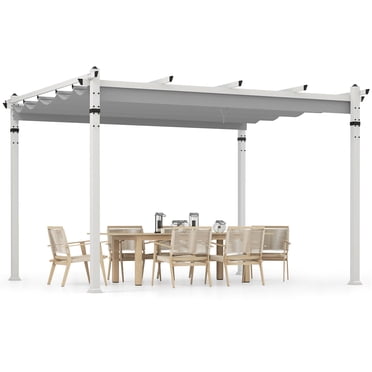 Gymax Pergola Extérieure 12 Pieds x 10 Pieds avec Auvent Rétractable, Cadre en Aluminium, Ancrages, Patio, Gris