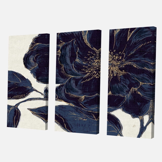 Designart Dark Rose Gilded Gold Canvas Wall Art with three panels featuring dark blue floral patterns highlighted with gilded gold on textured cotton canvas, gallery-wrapped over 1-inch wood frames, arriving ready to hang and ideal for modern shabby chic wall décor.