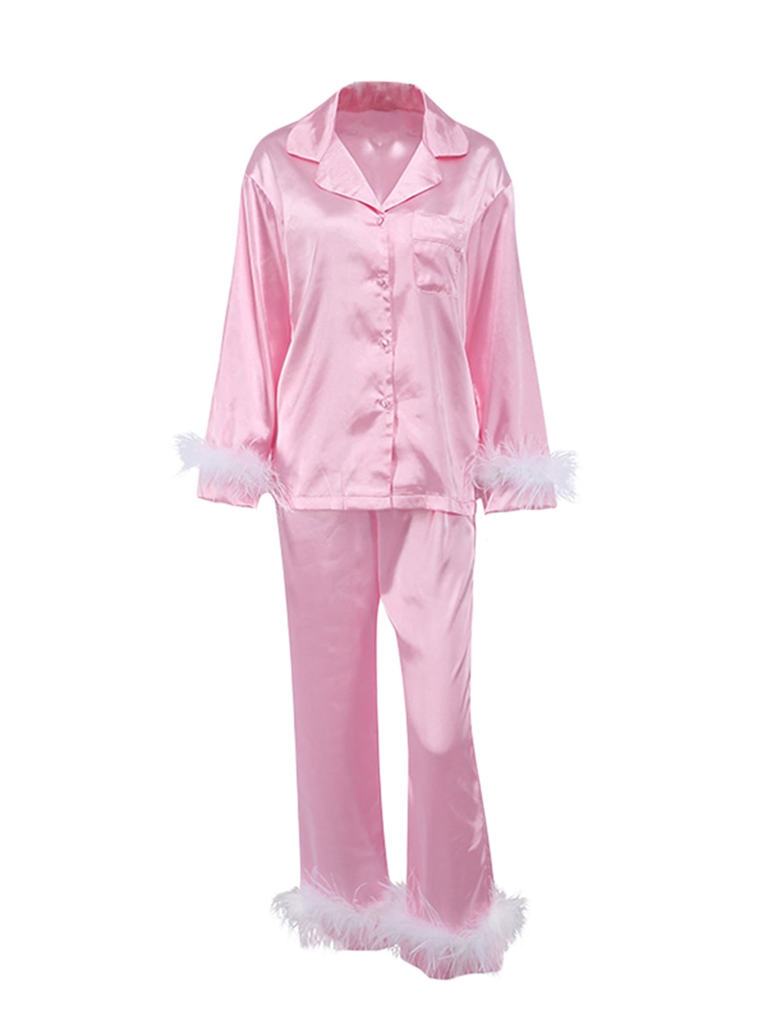 Kmbangi Pyjama pour Femmes, Décoration en Plumes, Haut à Manches Longues Boutonné à Col à Revers + Pantalon, Ensemble de Pyjama