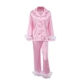 thumbnail image 2 of Fortune Women Pajamas Set, Feather Trim Long Sleeve Button-Down Lapel Tops + Pants, 2 of 9