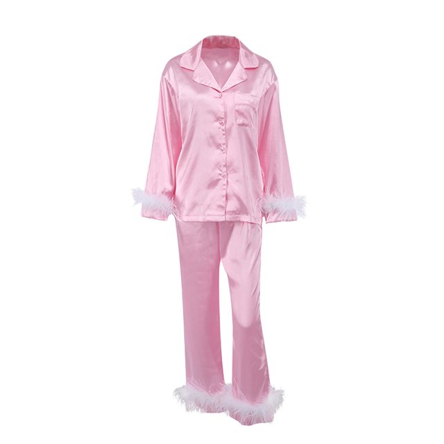 Kmbangi Pyjama pour Femmes, Décoration en Plumes, Haut à Manches Longues Boutonné à Col à Revers + Pantalon, Ensemble de Pyjama
