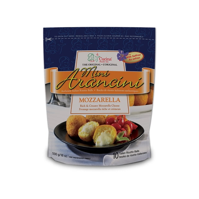 Cucina Foods Mini Arancini Mozzarella, Emballage Montrant 10 Boulettes de risotto Italien Brun Doré, Remplies de Fromage Mozzarella Crémeux et de risotto au Safran sur une Assiette Noire avec des Tomates Cerises, Idéal pour des hors-D'œuvre Italiens Authentiques Ou des Collations.