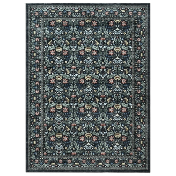 Washable Area Rug 8x10ft – Vintage Boho Floral Carpet, Non-Slip, Low Pile, Soft, Mark Resistant, Large Floor Mat for Living Room, Bedroom, Dining Room, Nursery – Black, USA