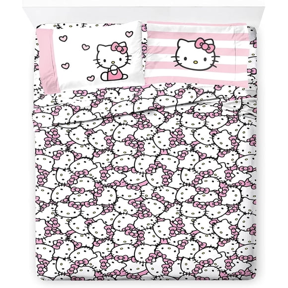 Hello Kitty Stripes & Hearts Queen Size Sheet Set Super Soft Piece Bedding Set Microfiber Sheets Include Reversible Pillow Covers