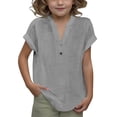 thumbnail image 1 of DecSea Linen Shirts for Kids 2025 Summer Button Down V Neck Short Sleeve Tops Casual Solid Blouses, 1 of 9