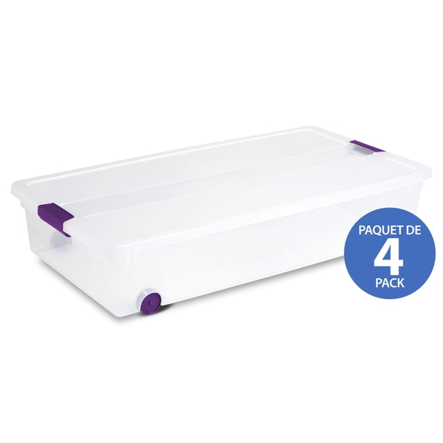 Sterilite 57 Liter ClearView™ Wheeled Latch Box with clear plastic base and lid, purple latches, and smooth-gliding wheels for easy under-bed storage and stacking, pack of 4, ideal for organizing blankets, shoes, and seasonal items.