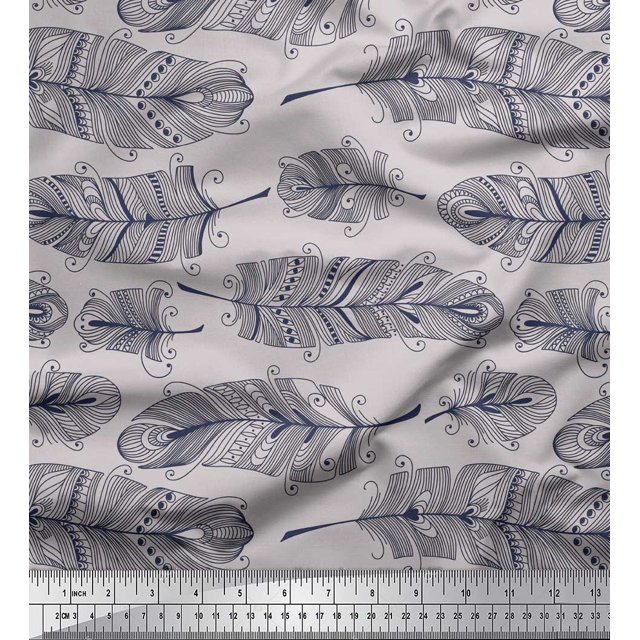 Soimoi Gray Poly Georgette Fabric Tribal Feather Decor Fabric Printed Yard 42 Inch Wide