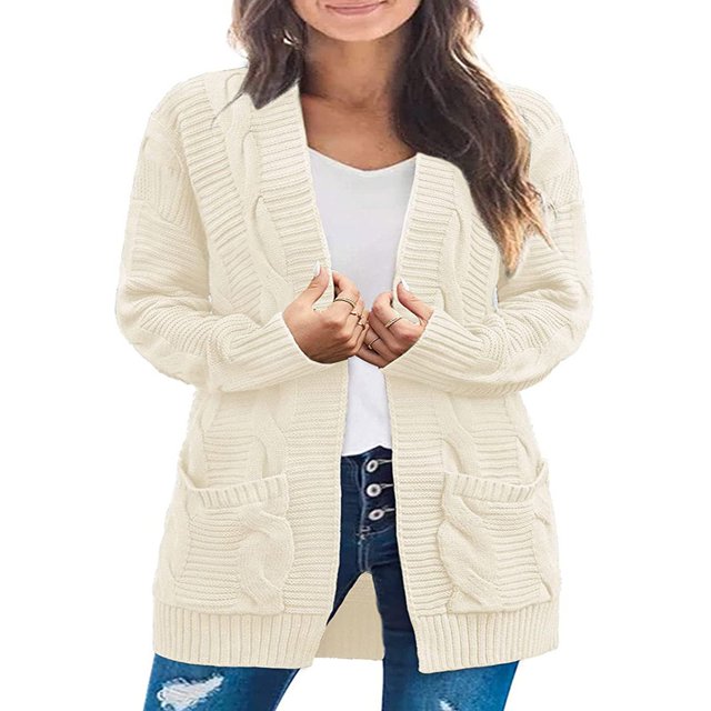 Women Cable Knitted Cardigan Outwear Solid Color Long Sleeve Open Front Sweater Jacket with Pockets