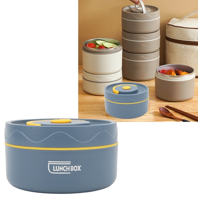 Bento Lunch Box, Stainless Steel Bento Container with Lid designed for thermal food storage and leakproof functionality. The large capacity container is made of 304 stainless steel and plastic, shown in a stackable design with multiple compartments. Includes a blue container with yellow accents and 'Lunch Box' branding, suitable for kids and adults.