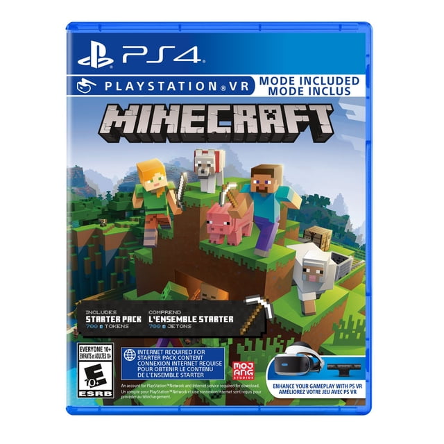 Minecraft Collection de Départ (PS4) Couverture de Jeu Mettant en Vedette des Personnages Bloquants Steve et Alex avec un Cochon, un Chien et un Mouton sur une Île Flottante en Herbe, Comprend du Contenu de Paquet de Départ avec 700 Jetons et le mode PlayStation VR pour un Jeu Amélioré.