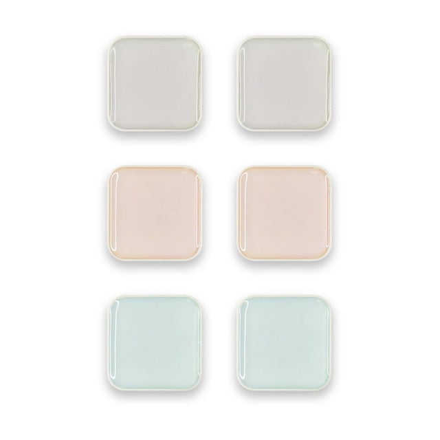 Quartet Square Magnets, Magnets, Assorted Colours, 1" x 1", 6 Pack showing six square magnets in light grey, light pink, and light blue with rounded edges and glossy finish, arranged in three rows and two columns, suitable for organizing papers on refrigerators, whiteboards, and lockers.
